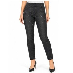 Chico's Allover Bead Pull On Jeggings Darknight Wash Black Size 2R 12R
